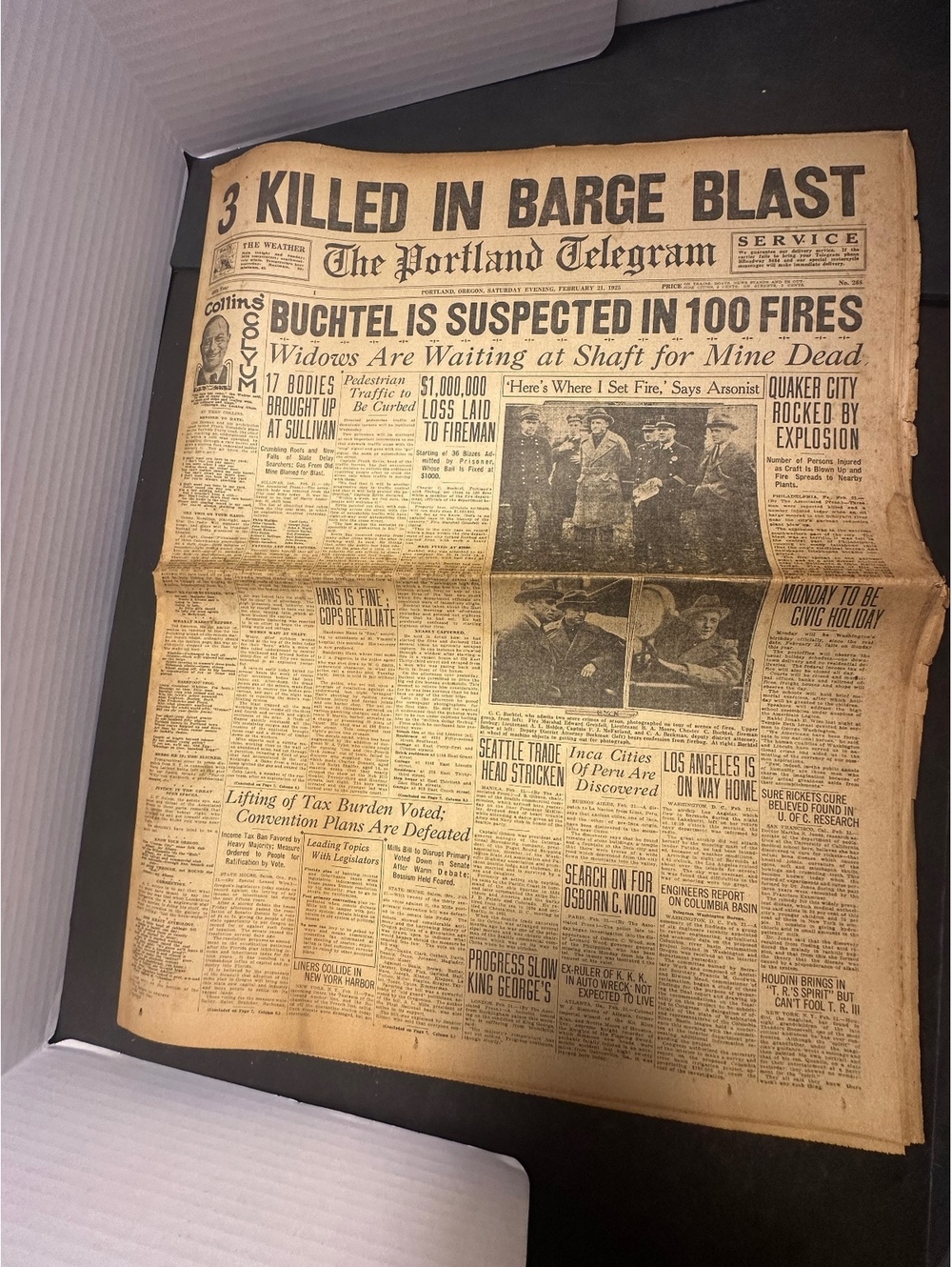1925 Portland Telegram Arsonist 100 Fires Barge Blast Antique Newspaper